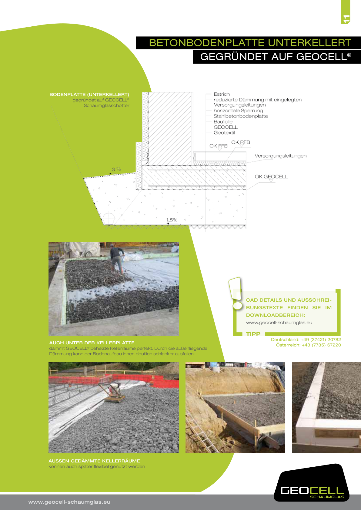 Detail onderkelderde betonplaat op GEOCELL